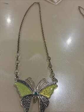 Silver Butterfly Pendant Necklace with Lime Green Enamel - Women Jewelry